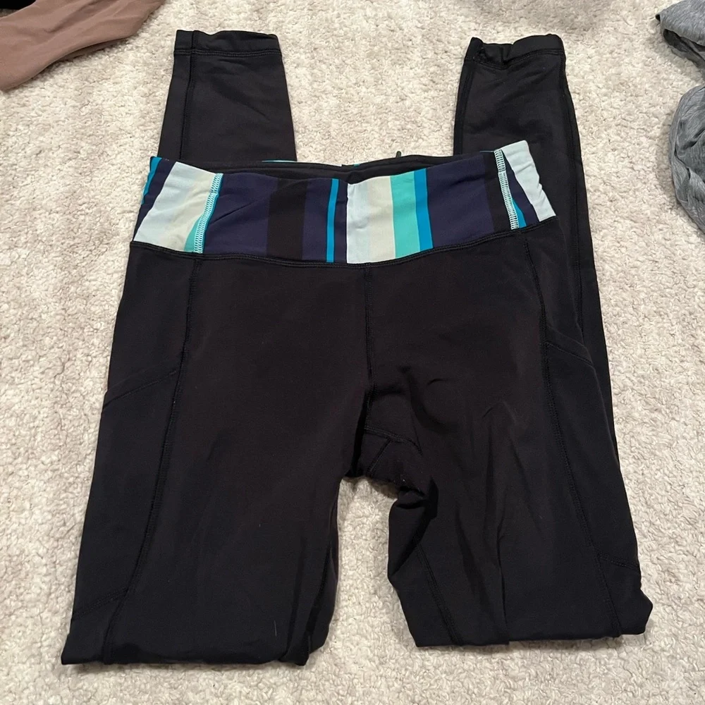 Black Lululemon Athletica Leggings Sz 6 Blue & Teal Striped Waistband Yoga Pants